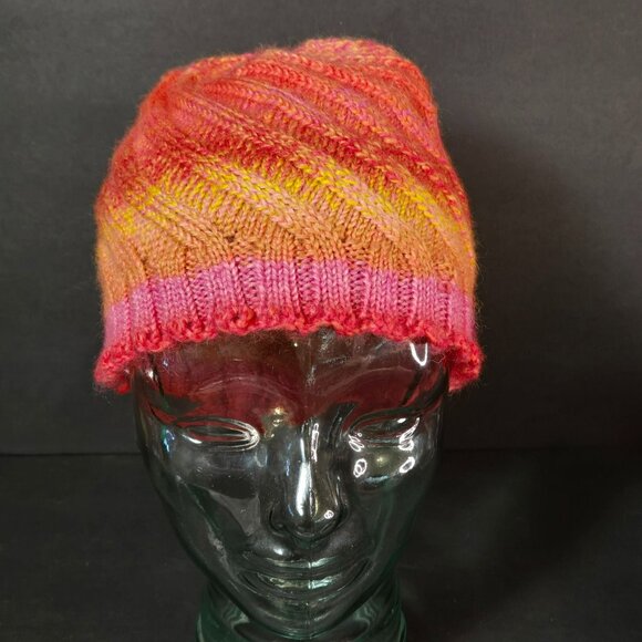 Handmade Knit Hat Pink & Orange Sunset Swirl Design Warm Winter Cap Wool Blend - Picture 2 of 7